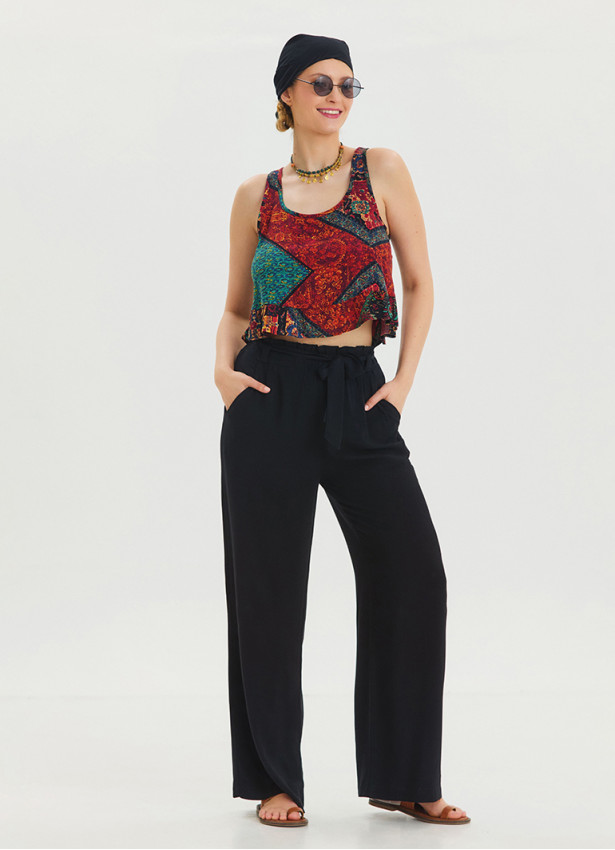 Black Viscose Harem Trousers with Elastic Waist Belt Detail 4571